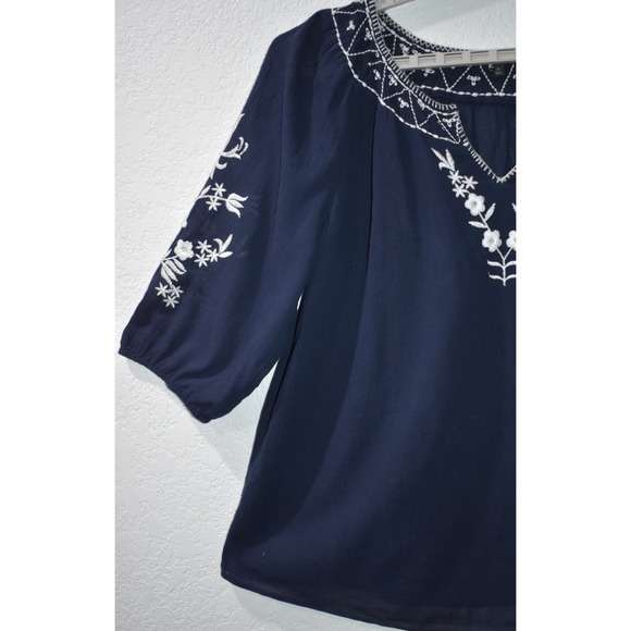 TALBOTS 1X Cotton Navy Blue White Embroidery 3/4 Sleeves Gauze Peasant Boho Top - Picture 12 of 16